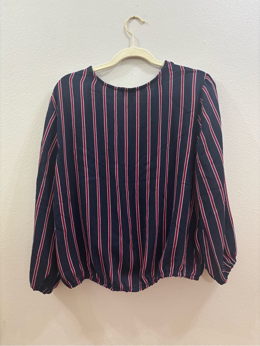 Navy Striped Tie-Front Blouse with Red & White Stripes - Picture 3 of 4